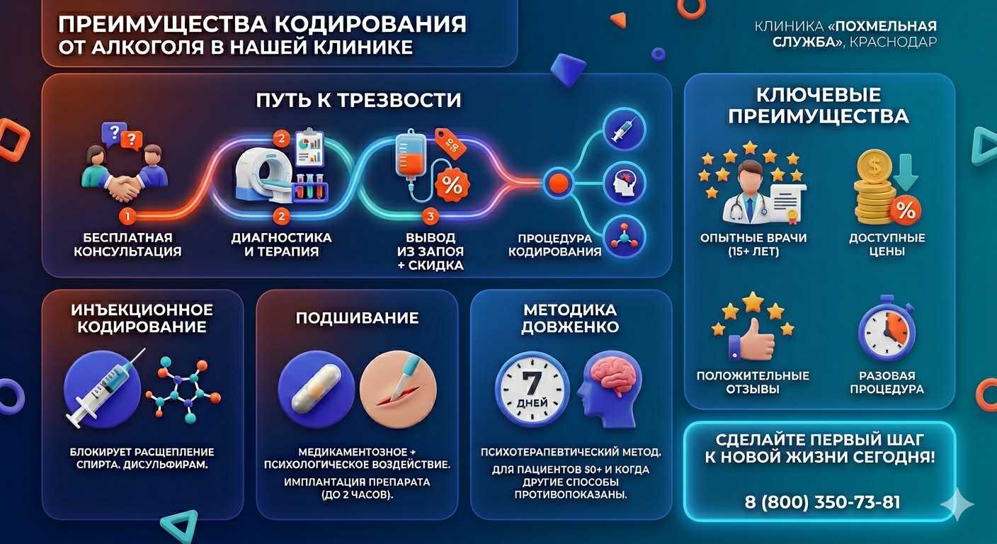 Инфографика о методах кодирования от алкоголя в Верхнеднепровском: инъекции, подшивание, метод Довженко. Преимущества клиники и этапы лечения.