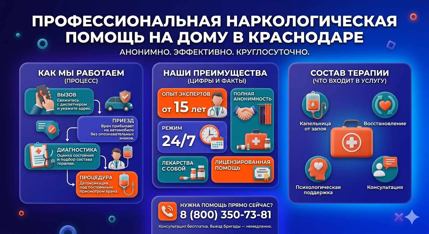 Инфографика о принципах лечения алкоголизма на дому в Верхнеднепровском: этапы вызова нарколога, преимущества анонимной детоксикации и состав медицинской помощи.